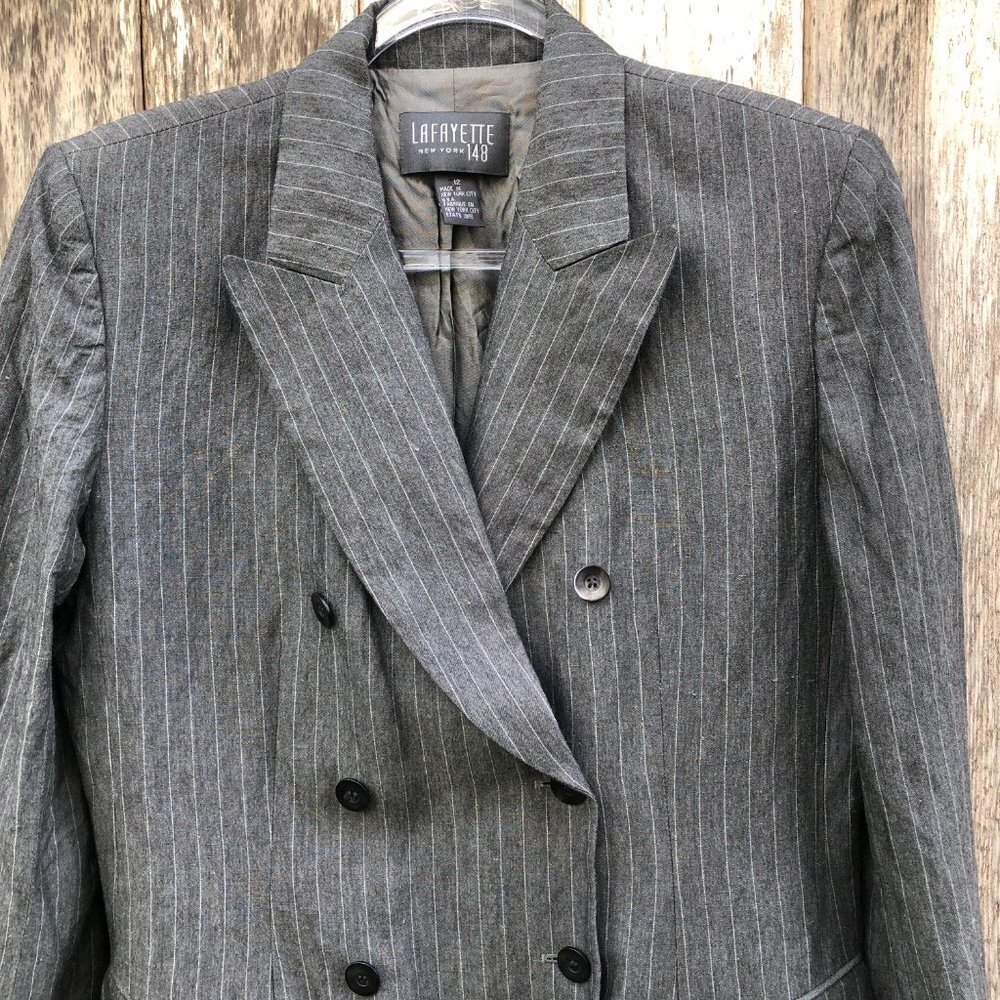 Vintage Gray Lafayette 148 Linen Blend Pinstripe Double-Breasted Blazer Size 12 - Picture 3 of 8